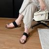 Cowhide Version~ Summer New Metal Buckle with Sleeve Toe Flip-flops Flat Bottom Outer Wear Toe Sandals Slippers Women