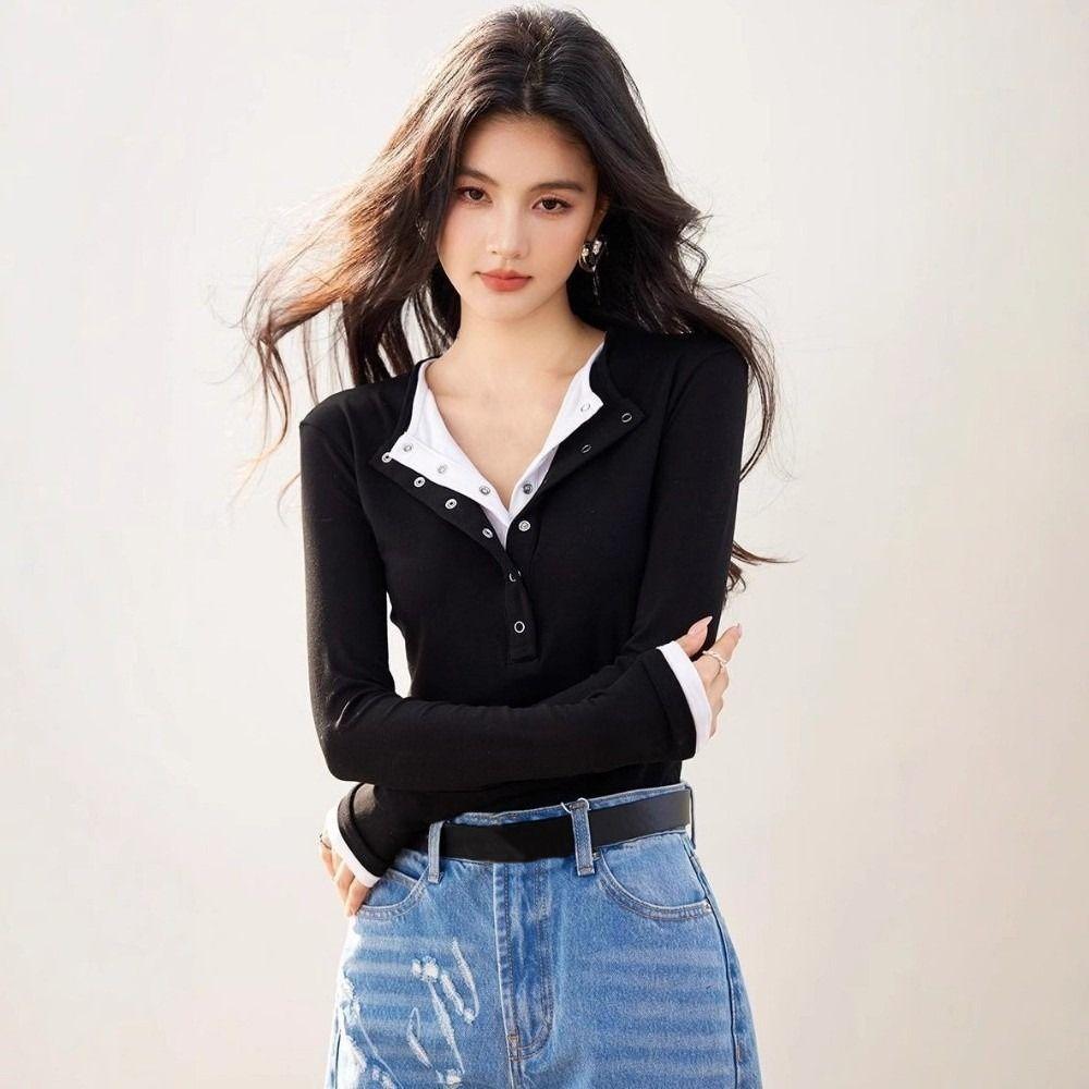 Retro Design Long Sleeve Top Patchwork Base Shirt Trend Top Women's Layering T-Shirt Autumn Season
