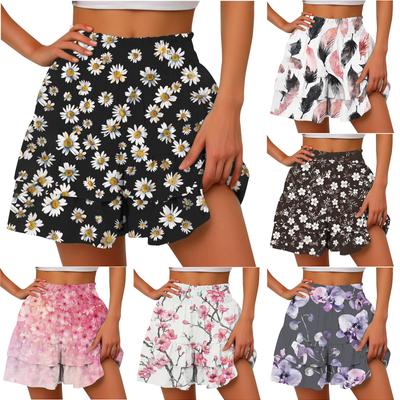 Women's Printed Shorts Fashion Floral Ruffle Hem High Waist Elastic Casual Beach Pants Soft Summer Loungewear