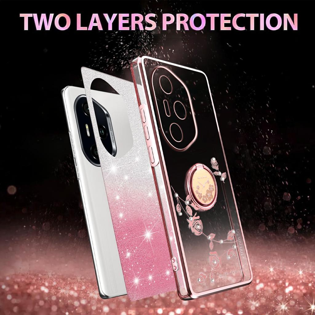 KADEM For Honor 400 Pro 5G (Global) Case Ring Kickstand TPU Flowers Phone Cover Gradient Glitter