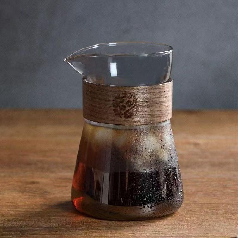 500ml Anti Scalding Wooden Holder Hand-brewed Glass Coffee Pot Ice Coffee Sharing Pot Hand Brewing Coffee Bariata Tool