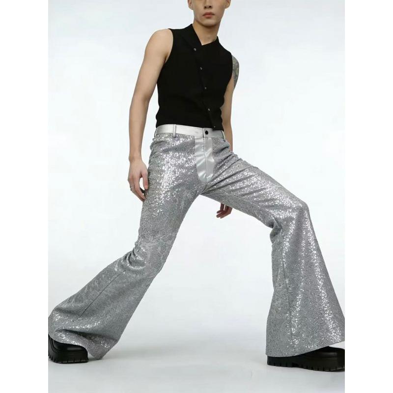 Men Sequin Flared Pants & Stand Collar Sleeveless Shirt
