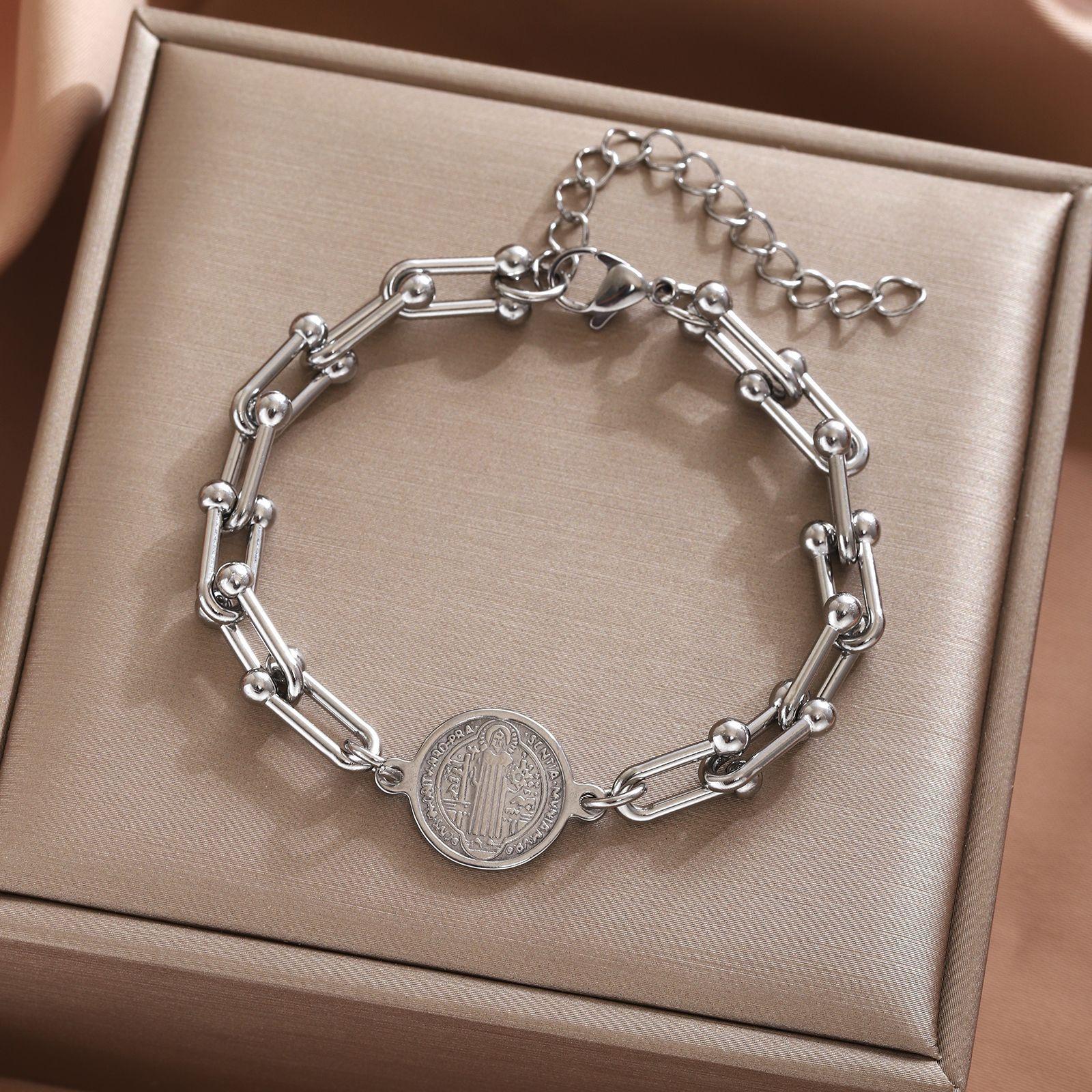 

14K St. Benedict s Cross stainless steel bracelet, U-shaped horseshoe buckle adjustable bracelet, men s and women s jewelry gift срібний