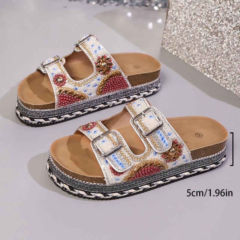 Women's Plus Size Summer Platform Chunky Sole Color Block Rhinestone Double Buckle Cork One Strap Slide Sandals