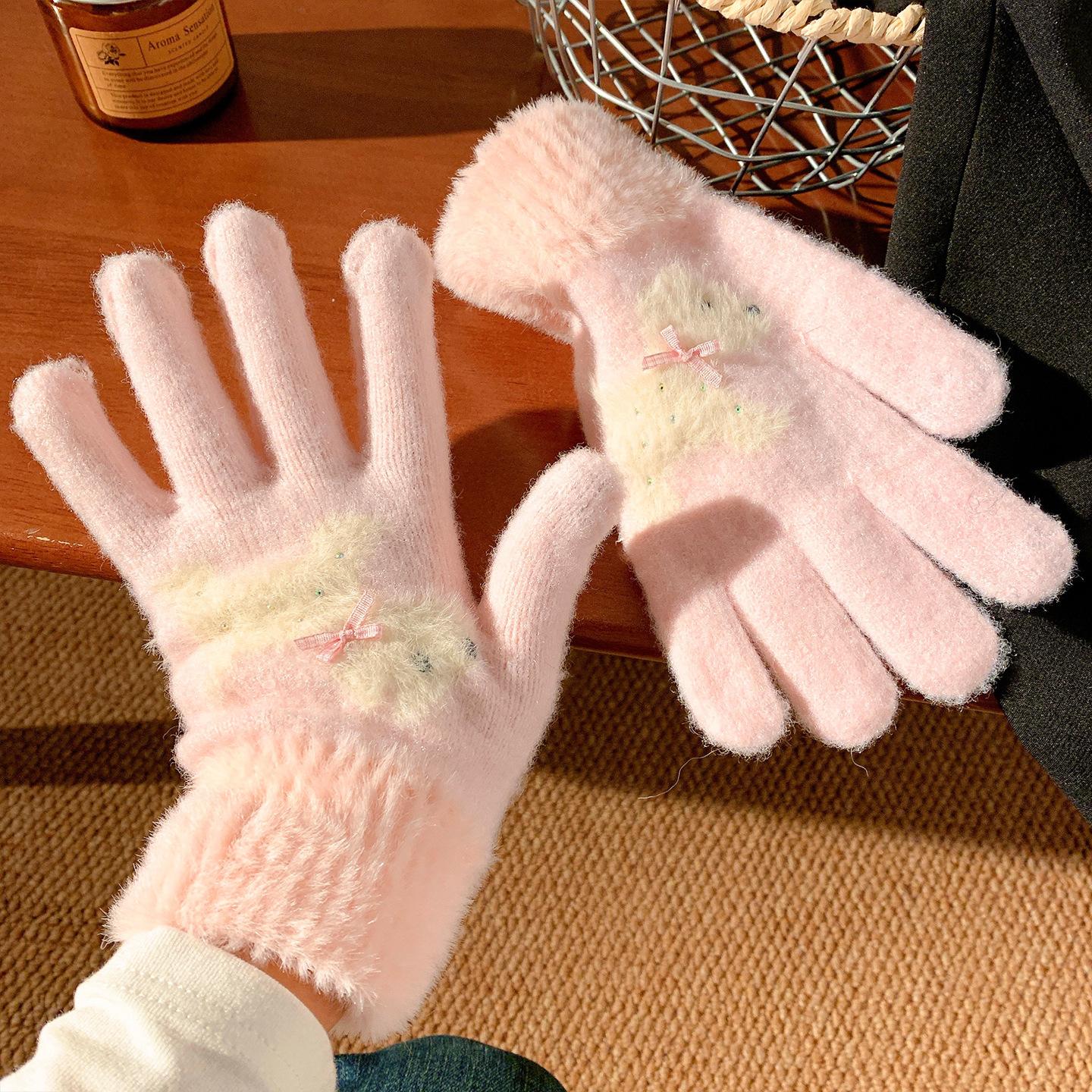 

Knitted plush gloves women keep warm in winter cute puppy bow riding cold-proof five-finger wool touch screen one size fits all рожевий