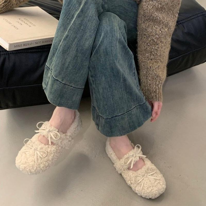 New Style Fashion Women's Shearling Ballet Flats with Strap Warm Rabbit Fur Plush Lined Crystal Buckle Mary Jane Flat Shoes