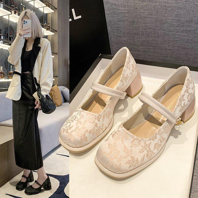 Dadong Mary Jane Shoes Women's Shoes 2025 Spring New Elegant Thick High Heel One-word Button Square Head New Chinese Single Shoes Women