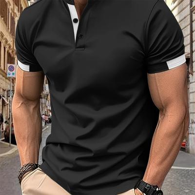 Summer Men's Solid Color Stand Up Collar Henry T-shirt, Casual Sports Short Sleeved Henry Shirt