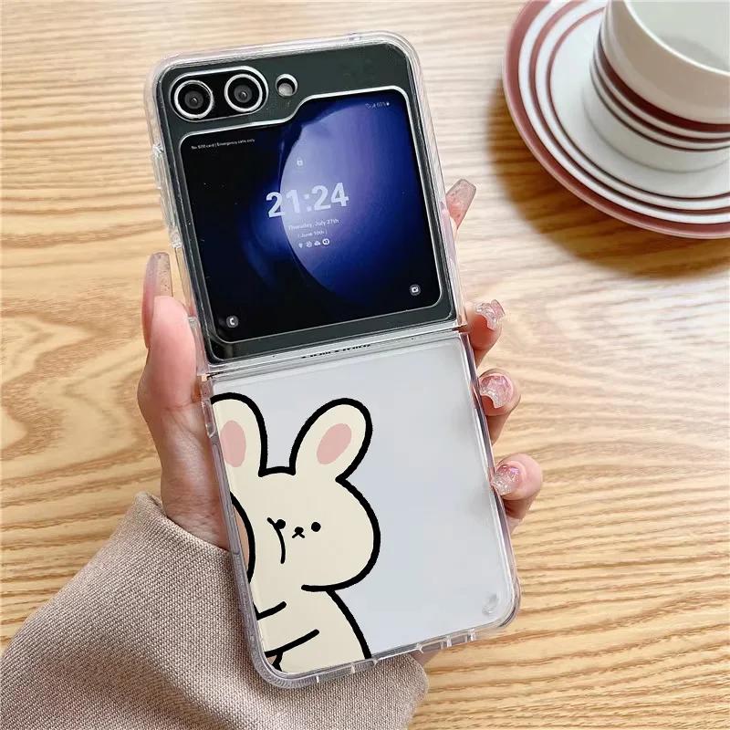 Cute Bear Bunny Couple Paired Phone Case for Samsung Galaxy ZFlip 5 ZFlip6 Transaprent Clear Cover for Samsung ZFlip7 4 3 Fundas