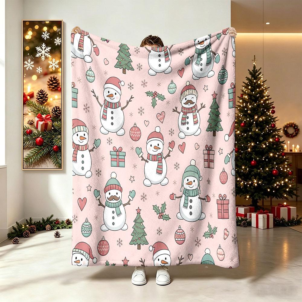 230g Flannel Fleece Blanket Christmas Cartoon Pink Santa Pattern Soft Warm Cozy Winter Holiday Blanket for Girls