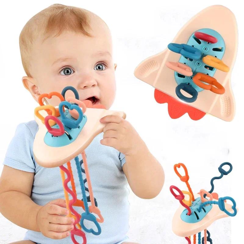Non-Toxic Development Baby Rattle Teether Toys Montessori Silicone Pull String Games Baby Toys 1 Year Teething Toys For Babies 6 12 Months