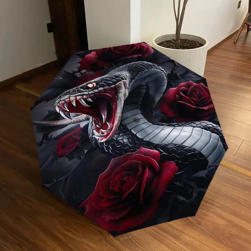 

Black Snake & Red Roses: Automatic Opening/Closing Umbrella with Foldable Design, Iron Frame, Outdoor Use, Perfect Gift for Fans, Travelers,