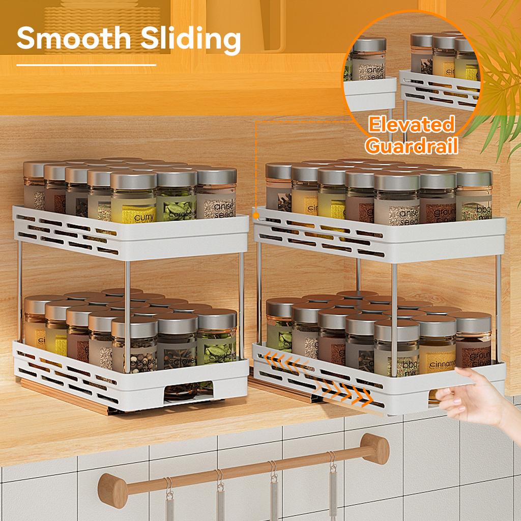 2 Tier Pull Out Plastic Storage Rack Large Capacity Kitchen Cabinet Storage Organizer Drawer Spice Jar Storage Shelves