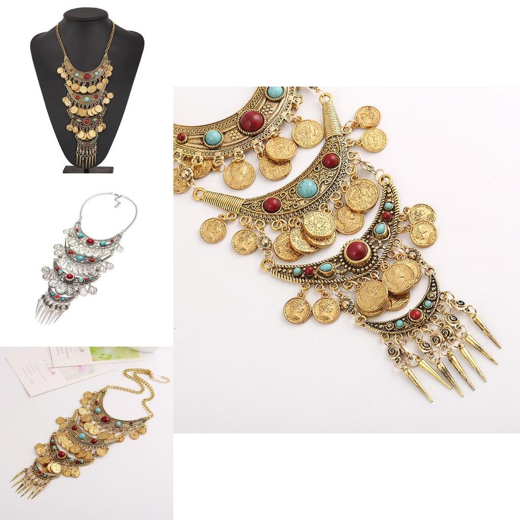 Vintage Coin Tassel Pendant Necklace With Multilayer Chain For Boho Style Women
