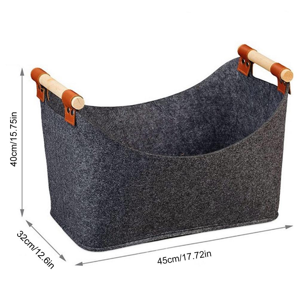 Plstěný koš 45 x 32 x 40 cm, velký objem 57 l, skládací koš na dřevo, držák na dřevo u krbu, taška s dřevěnými rukojeťmi