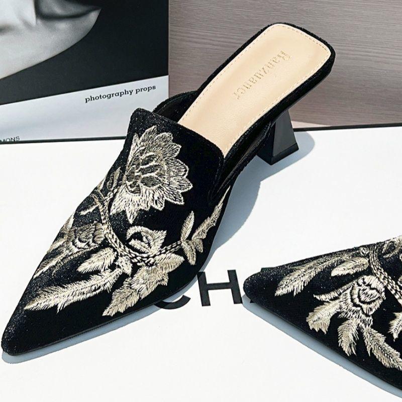 Embroidered Flower Bag Head Half Slippers Summer New Pointed High-heeled Cheongsam Temperament Slippers Women's Summer Outer Wear