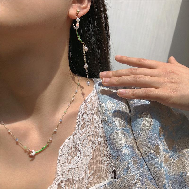 Personalized Design Colored Crystal Beaded Pearl Painted Tulip Necklace Flower Pearl Fringed Stud Earrings Necklace