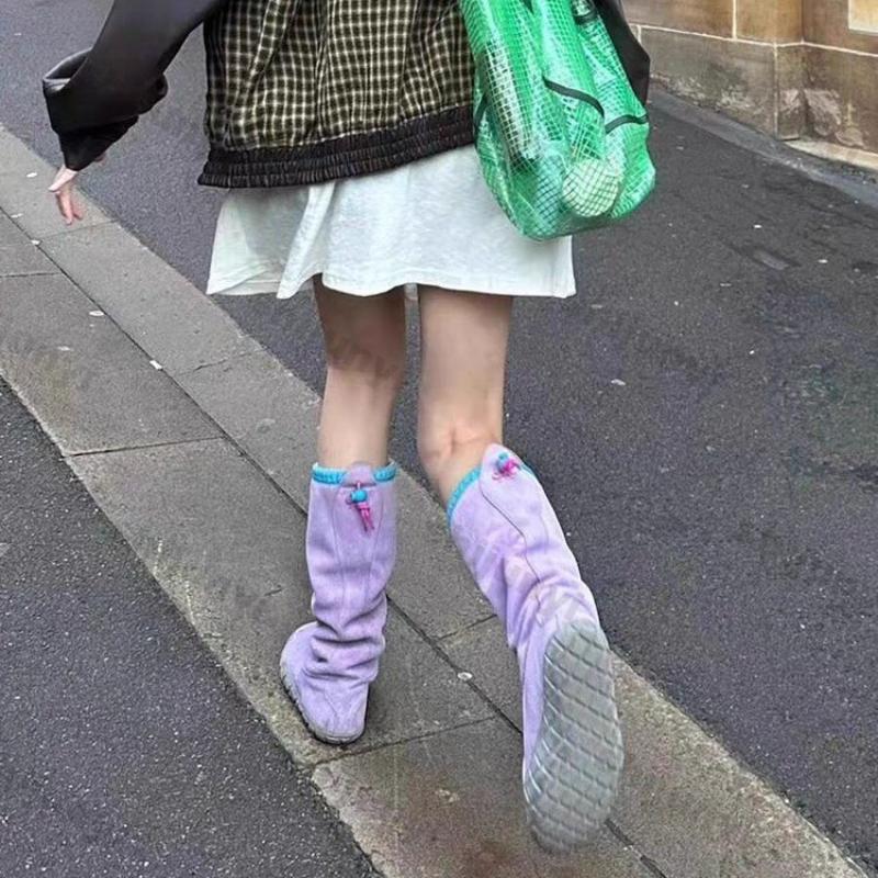 Women Design Purple Pleated Long Boots Women Autumn Winter New Non-slip Warm Snow Boot Slip On Thick Heels Knee Knight Botas