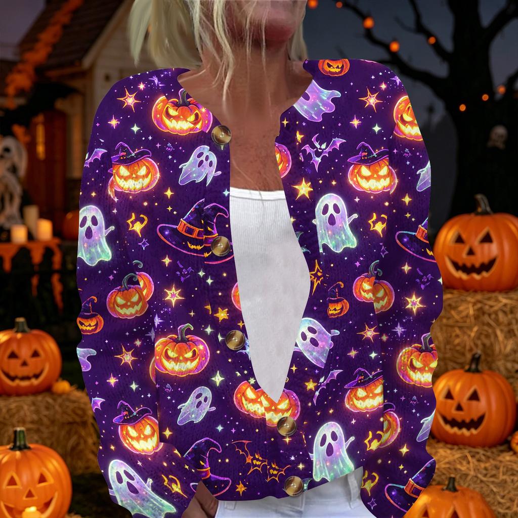 Women's Halloween Print Long Sleeve Knit Cardigan Button Front Sweater Coat Lightweight Casual Outerwear for Fall and Winter