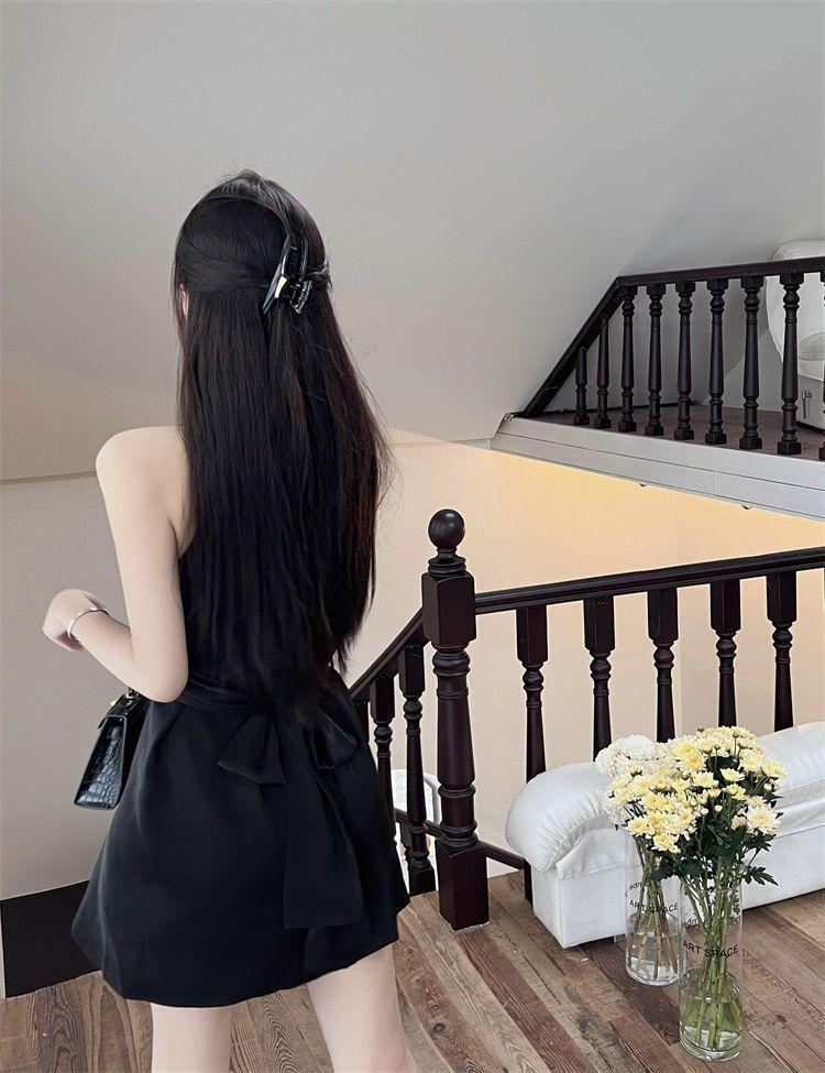 Elegant Black Off-Shoulder Halter Mini Dress - Women's Sleeveless Summer Style