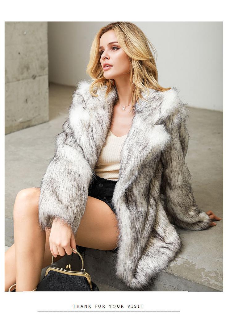 Autumn and Winter Women's White Background Black Tip European and American Medium and Long Suit Coat Coat Artificial Fur Imitation Fur Coat