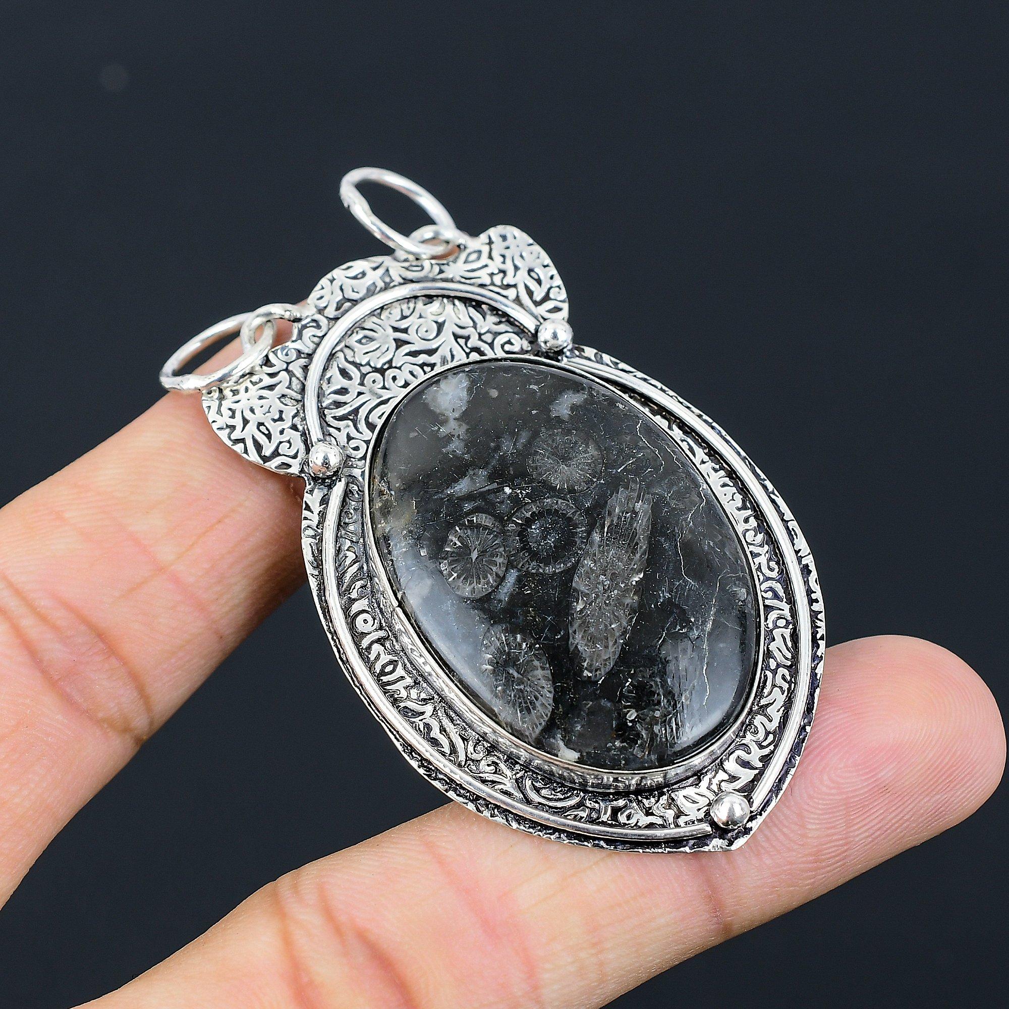 Halloween Deal Black Fossil Coral Stone Wife Pendant Jewelry 925 Sterling Silver