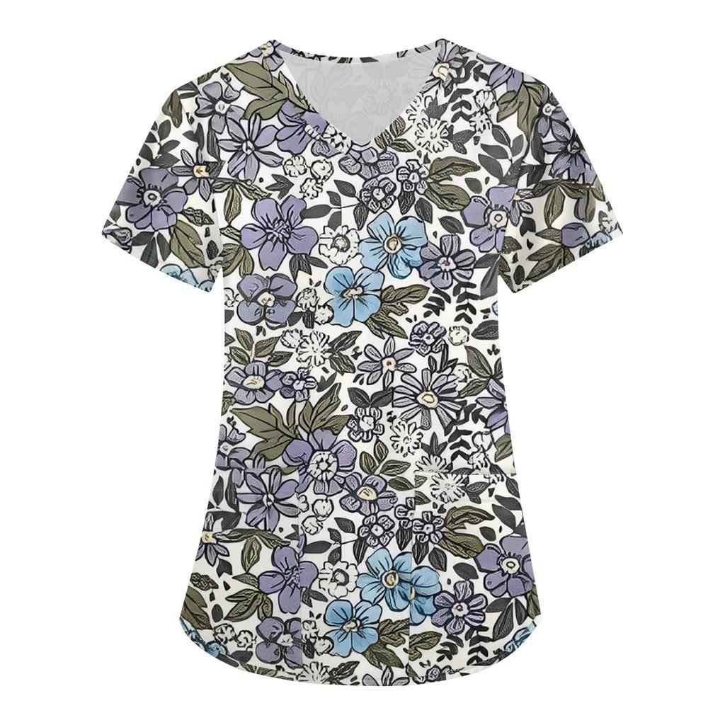 Damen Modisches T-Shirt mit Oster-Aufdruck, kurzärmelig, V-Ausschnitt, kleine Tasche, Arbeits-T-Shirt