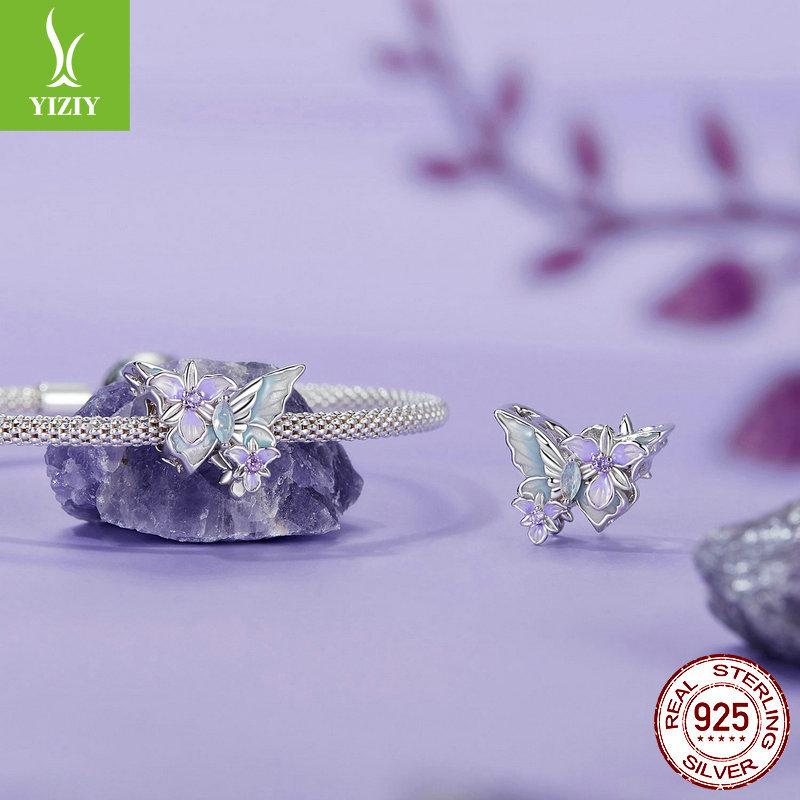 Romantic Butterfly Iris Diy Bracelet Beaded, Elegant Purple S925 Sterling Silver Beads Loose Beads