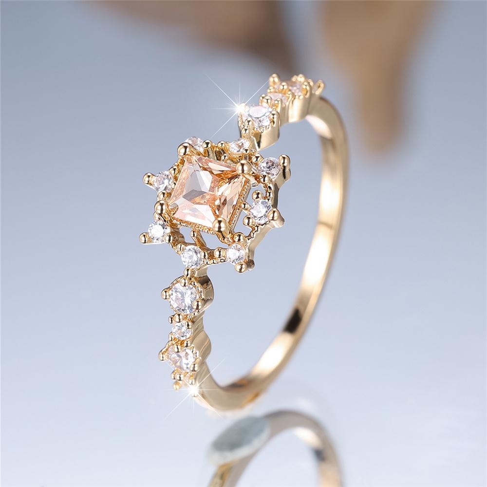 Princess Cut Champagne Zircon Engagement Rings for Women Vintage Gold Color Finger Ring Wedding Party Jewelry