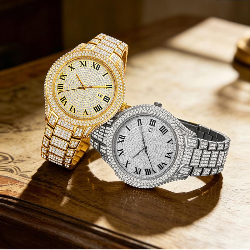 Herren Bling Uhr Vollkristall Zinklegierung Armband Täglich Wasserdicht Luxus Hip Hop Quarz Armbanduhren