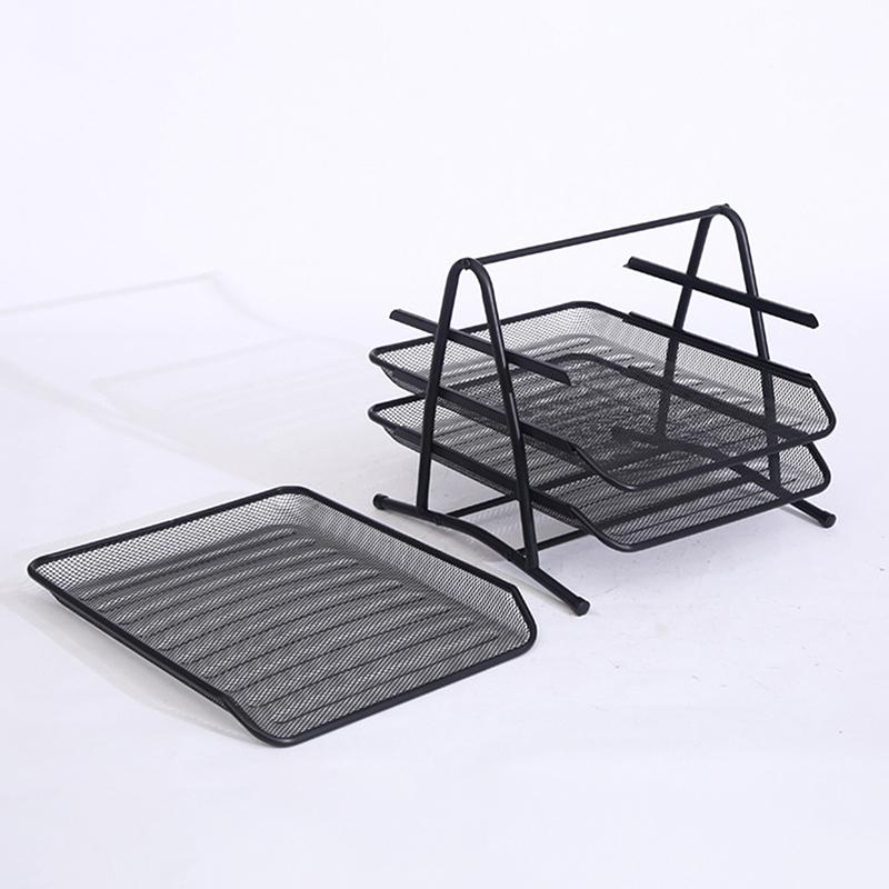 Organizator Tăvi pentru Documente cu Trei Nivele, Suport Metalic de Birou pentru Depozitare și Gestionare, Raft Multifuncțional din Plasă pentru Documente