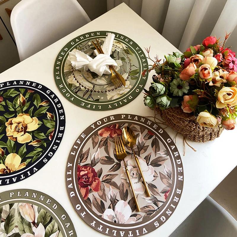 Elegant American Style Floral PU Leather Placemats Heat-Resistant Waterproof Durable Table Mats Dining Room Kitchen