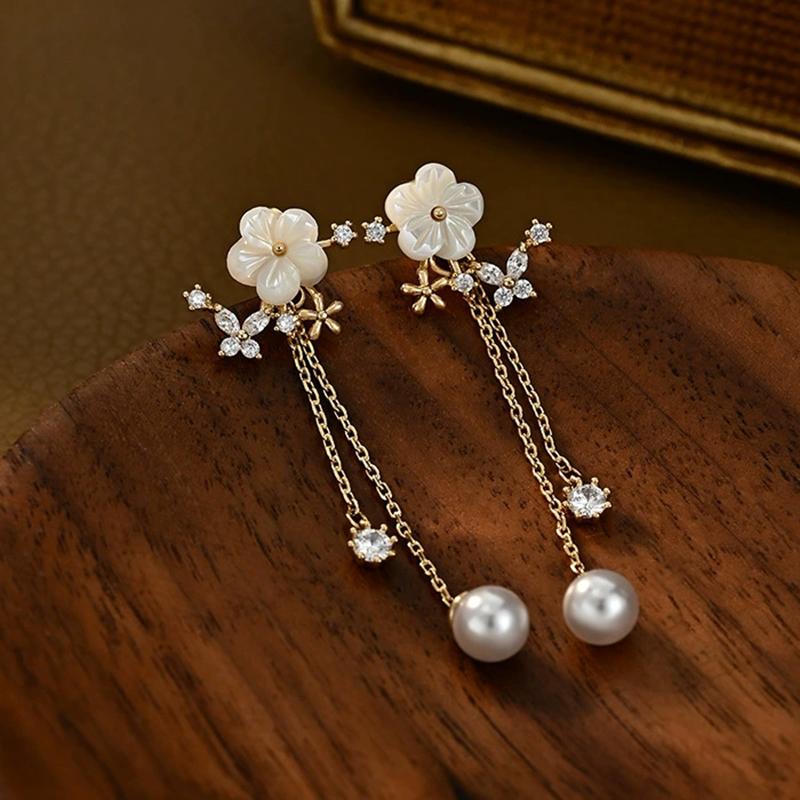 Luxury White Flower Rhinestone Butterfly Earrings for Women Tassel Pearl Zircon Drop Earrings Elegent Art Aesthetics Jewelry New