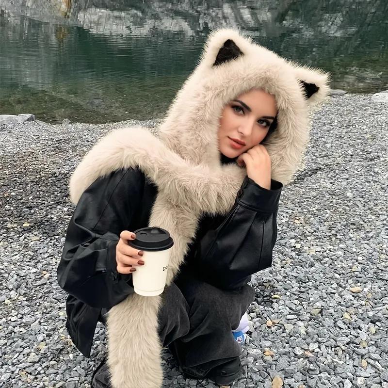 1PC Faux Fur Hats Exquisite Pointed Ear Shape Cute Plush Hat Versatile Accessories Comfortable Scarf Warmth 56-58cm