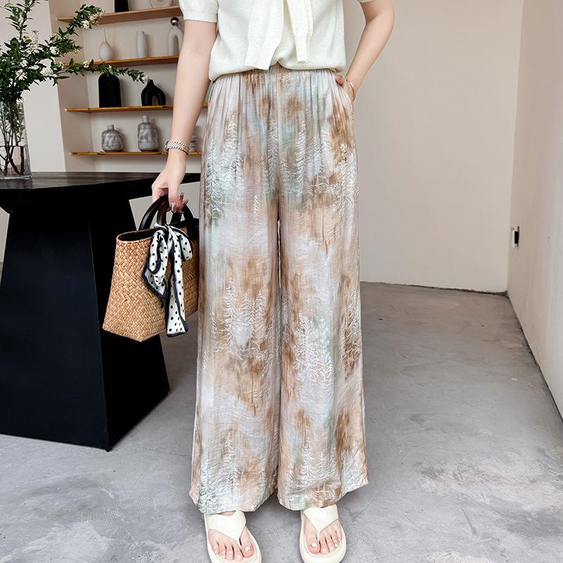 Pantaloni de pijama din bumbac mătase pentru femei, secțiune subțire de vară, anti-țânțari, pantaloni cu picior lat, culoare uni, pentru exterior, casă, petrecere a timpului liber, imprimeu, pantaloni de plajă până la genunchi