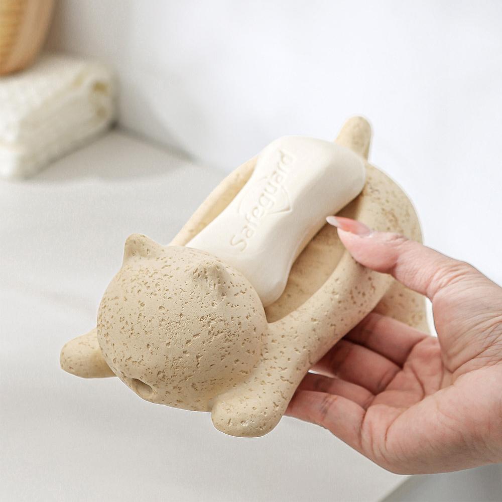 Cave Stone Soap Box Cartoon Animal Cat Drain Soap Box Bathroom Shelf Washing Table Drain Soap Box Bathroom Decoration