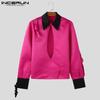 INCERUN Men Lapel Neck Long Sleeve Satin Shirts Solid Color Bandage Hollow Front Cross Tops