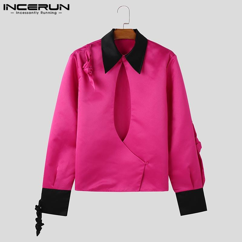 INCERUN Men Lapel Neck Long Sleeve Satin Shirts Solid Color Bandage Hollow Front Cross Tops