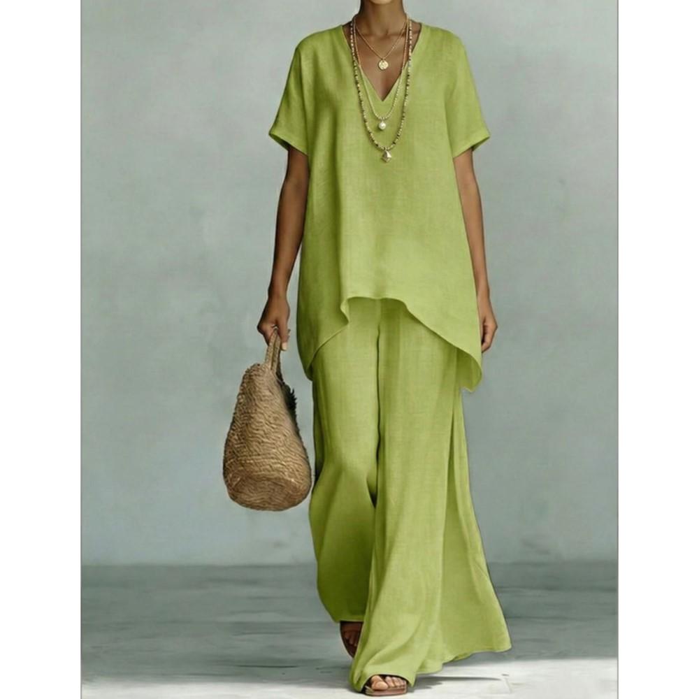 Fashion Loose Cotton Linen Short-sleeved Trousers 2 Piece Set Women Summer Casual V-neck Retro Female Wide-leg Trousers Suit