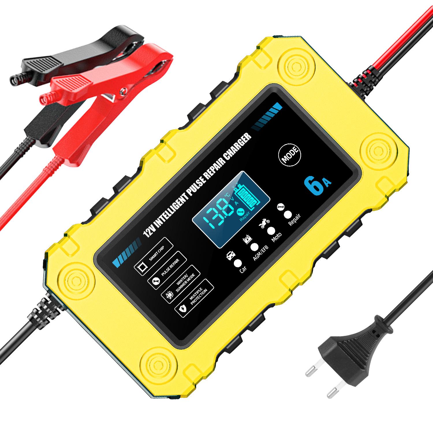 12V 6A Smart Charger for Lead-Acid Motorcycle & Car Batteries US Plug Yellow