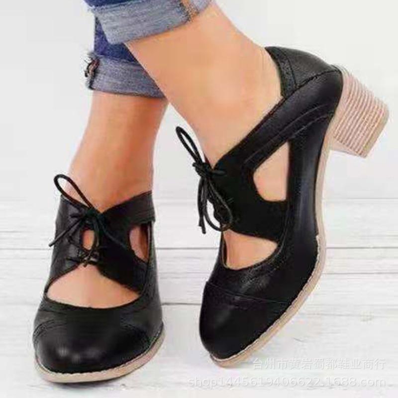 Spring and summer new thick heel high heel fashion single shoes women's large size lace-up hollow engraved women's shoes