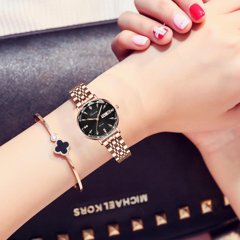 Swiss English-Chinese Women's Watch: Fashionable Butterfly Buckle, Luminous, Waterproof, Stainless Steel Band, Calendar Feature.