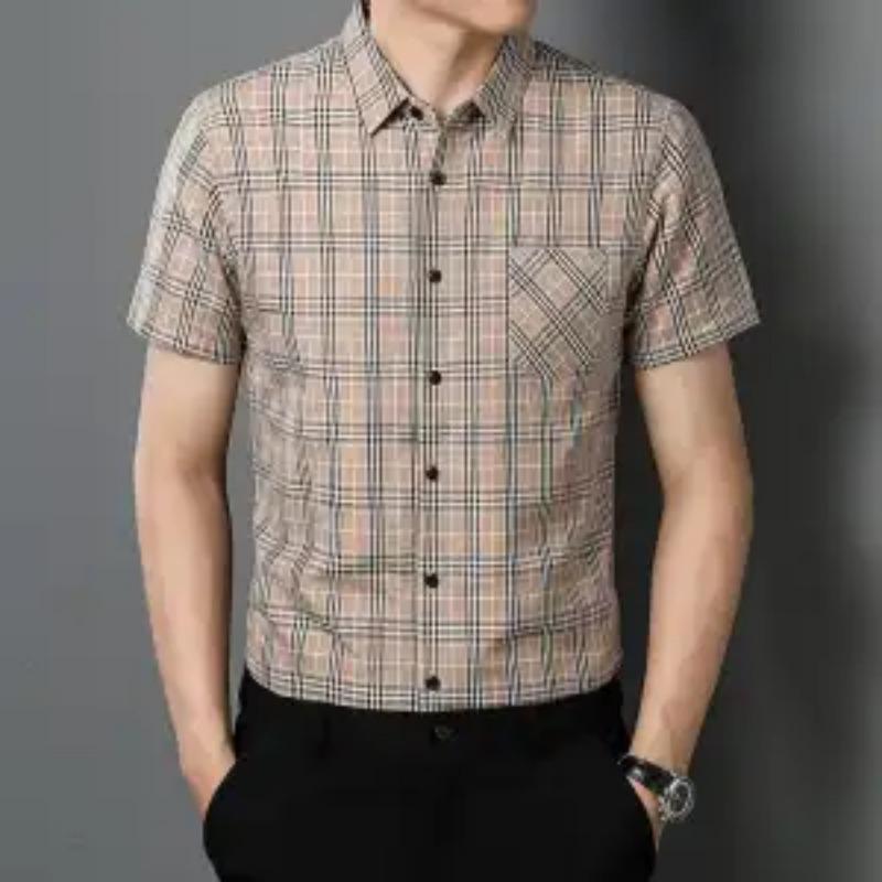 New Summer Men's Short-sleeved Shirt Plaid Slim Pocket Casual Top No-iron Anti-wrinkle