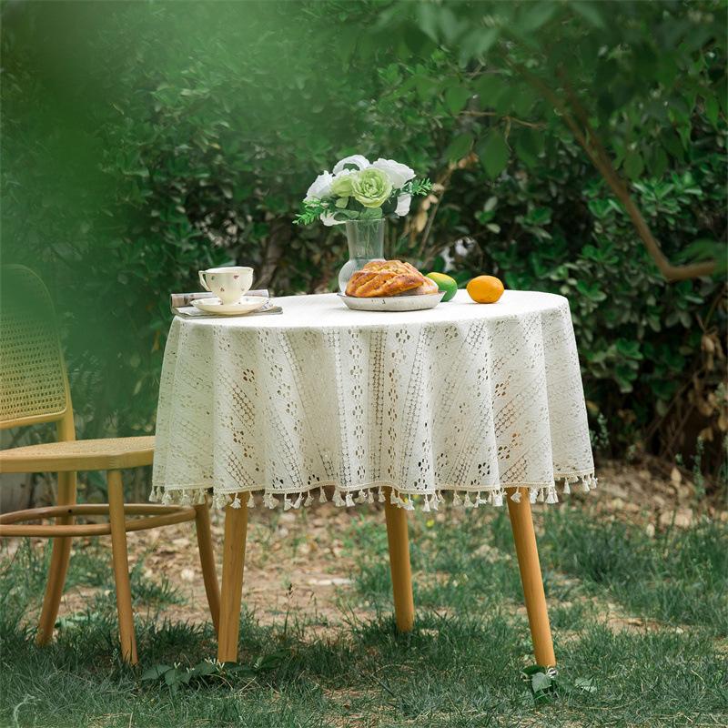 Vintage Häkeltischdecken mit Quasten, Beige Spitzendeckchen Rund Baumwolle Tischdecke Waschbar für Hochzeit Heim Party Dekoration