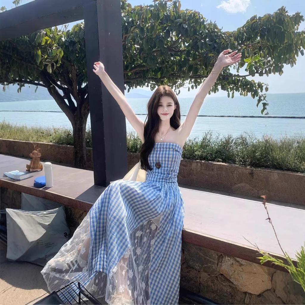 French Summer Plaid Retro Tube Top Dress Temperament New Waist Splicing Skirt Slim Long Skirt