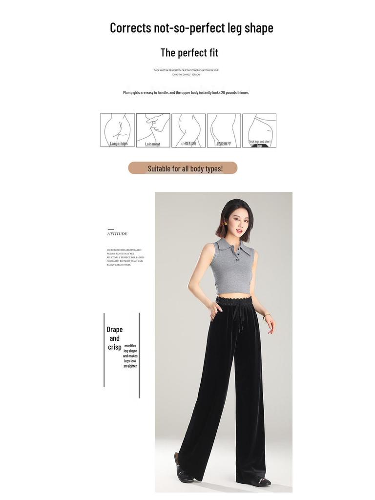 Women's High-Waist Golden Velvet Wide-Leg Pants - Spring/Summer 2026 Collection, Fashionable Black Drapey Casual Style.