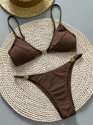 Sexy Kaffee Bikini Set Damen Perlen Metallkette Falten Push-Up BH Tanga Badeanzug 2026 Sommer Badeanzug Rückenfrei Bademode