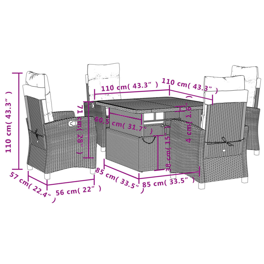 Vidaxl 5-Cz. Garden Furniture Set With Cushions, Grey, PE Rattan