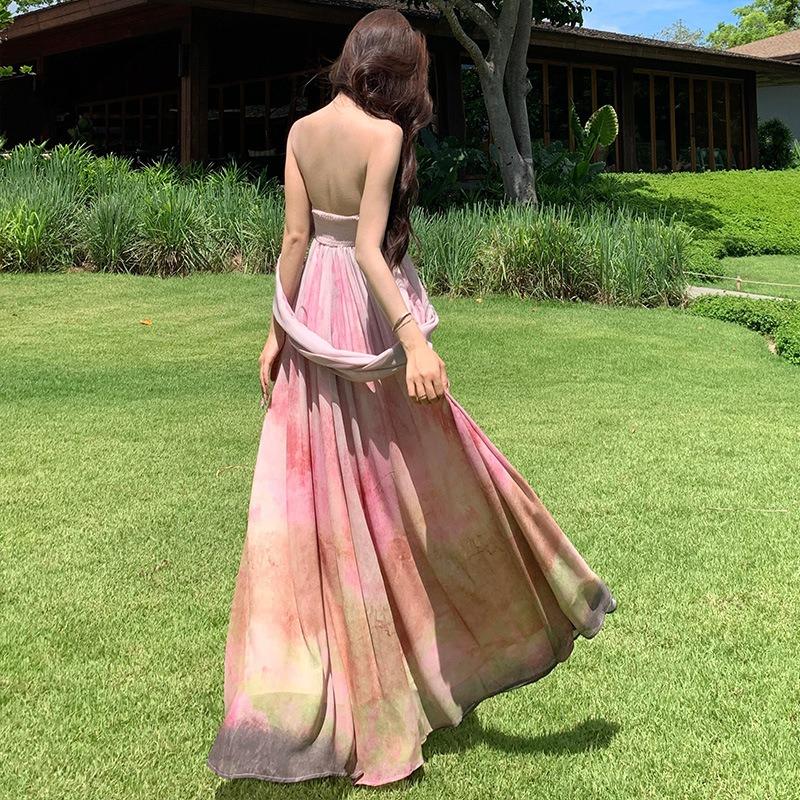 Beauty God Descends French Sense Retro Oil Painting Smudge Tube Top Dress Vacation Long Dress Temperament Fairy Dress