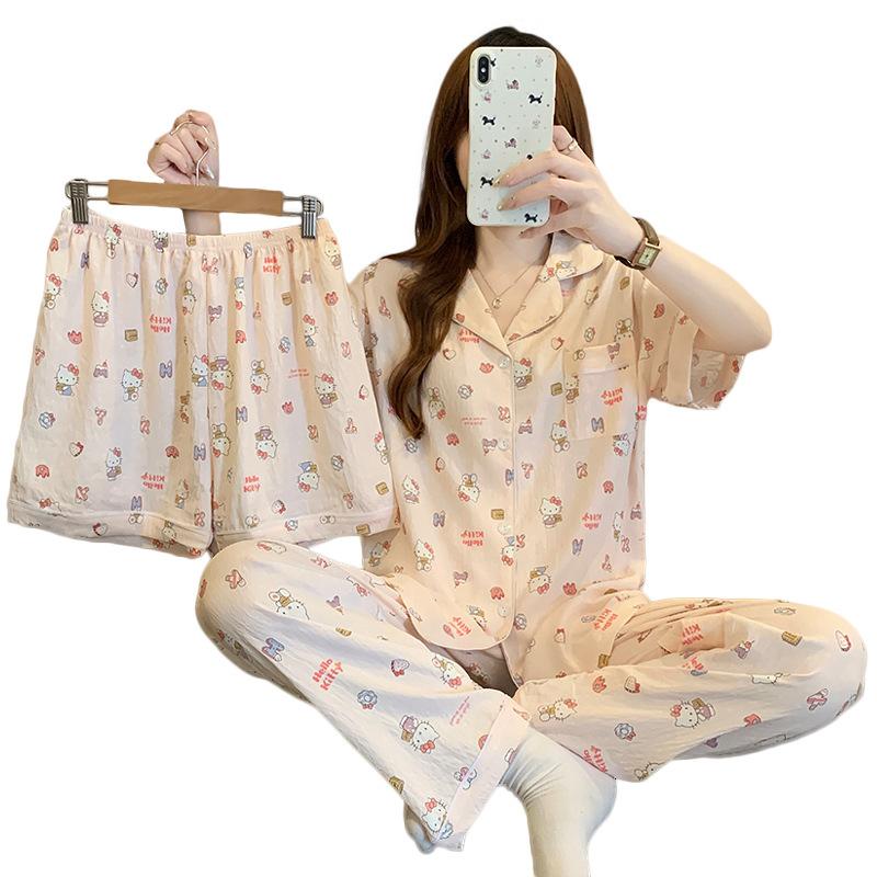 High-Value Cloud Cotton Short-Sleeved Pajamas Women'S Summer Loungewear Cute Girl Three-Piece Set